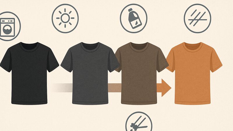 黒い服がオレンジや茶色に変色してしまう原因を説明する図解イメージ