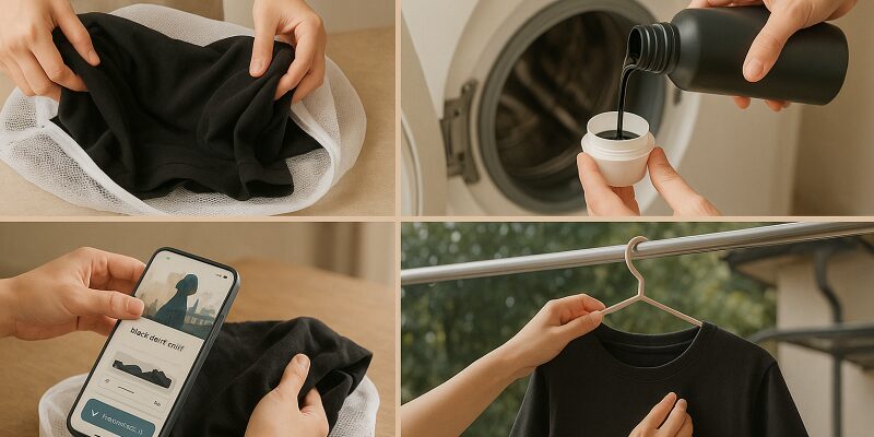 黒い服の退色を防ぐための日常的な保管・干し方の工夫を描いた生活感のあるイメージ