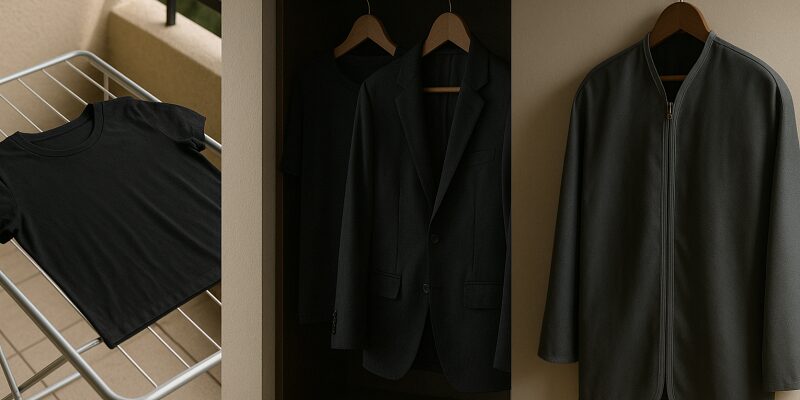 黒い服を美しく保つための洗濯テクニックを紹介する実用的なイメージ図