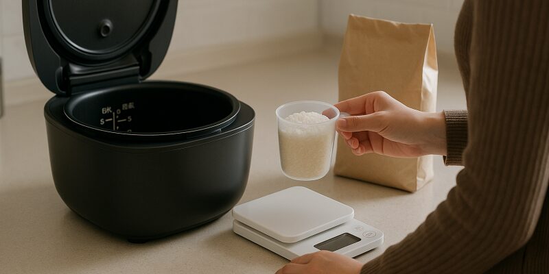 炊飯器の内釜の目盛りを確認する様子とお米の重さを量るシーンの組み合わせ