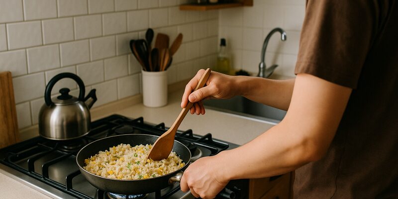 柔らかすぎるご飯をリメイクする様子と芯が残ったご飯を再加熱するシーンの組み合わせ