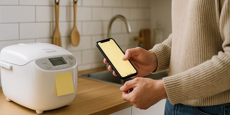  炊飯器のそばに貼られたメモやスマホアプリに合数を記録している様子