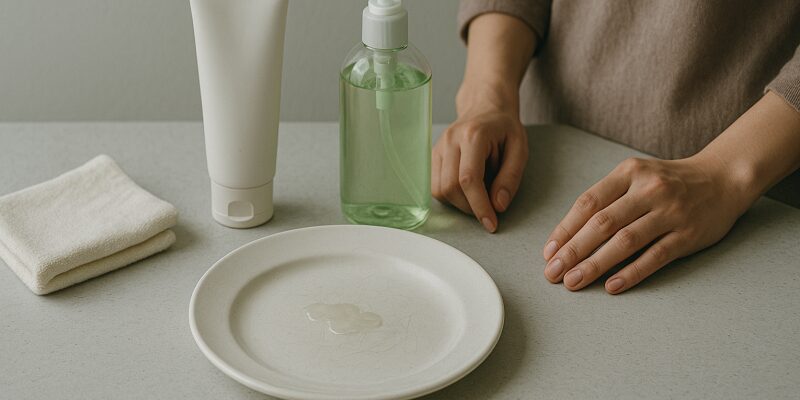 シール除去に失敗し傷ついた食器と、対処を試みるケア用品のイメージ構成