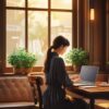カフェの窓際席で勉強道具を並べて作業する人物の後ろ姿と落ち着いた店内の風景