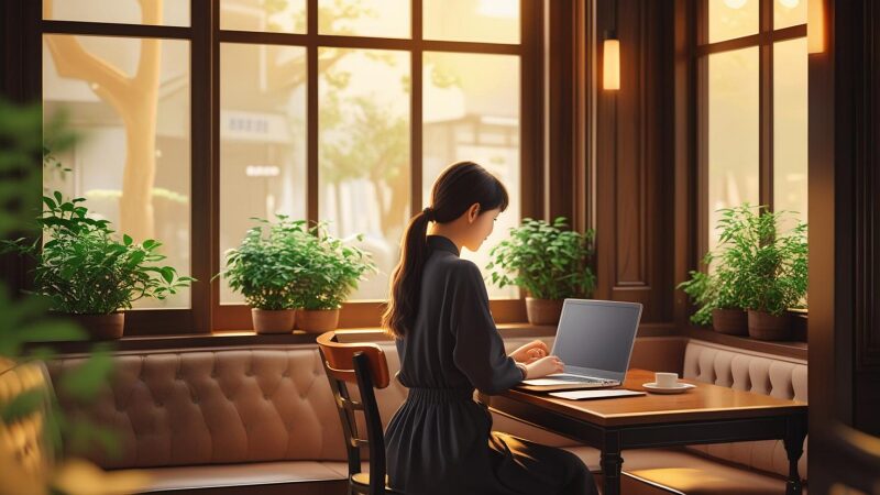 カフェの窓際席で勉強道具を並べて作業する人物の後ろ姿と落ち着いた店内の風景