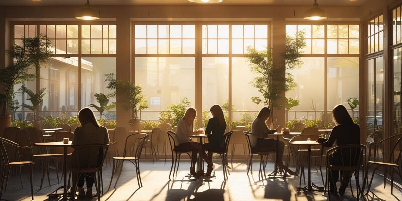 午前中の静かなカフェで、読書や勉強をする人々が点在する落ち着いた雰囲気の店内