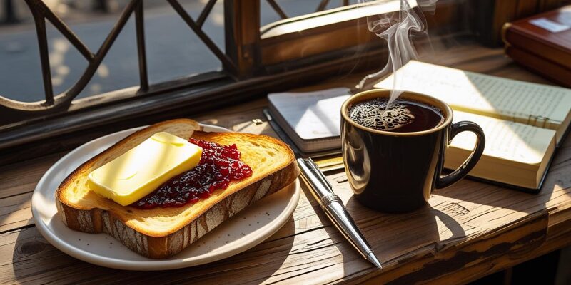 木のテーブルに載ったコメダ風トーストとたっぷりサイズのコーヒー、ノートとペンが並ぶ勉強風景