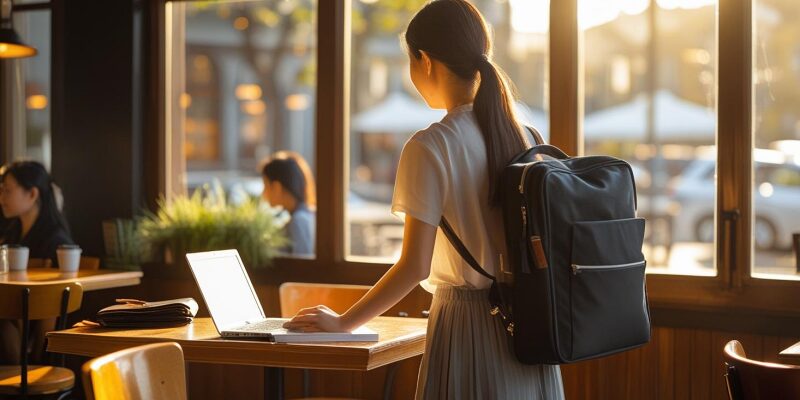 カフェの落ち着いた雰囲気の中、学習用具をしまい帰ろうとする人物の後ろ姿と整ったテーブル