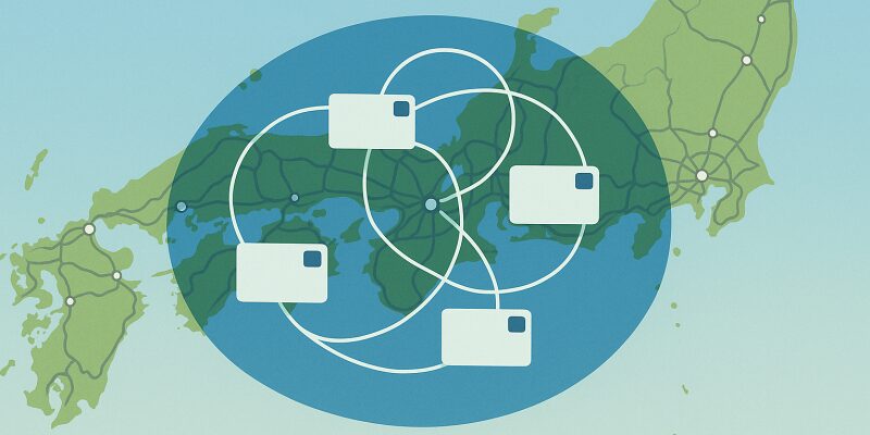  日本地図上でICカードの相互利用エリアを示す概略図イメージ（西日本中心）