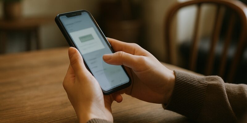 スマートフォンの画面でモバイルSuicaアプリを操作する手元の様子