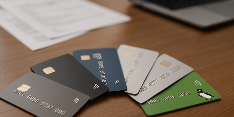 複数のクレジットカードがテーブルに並べられたイメージ。Suica付きかは示さない。