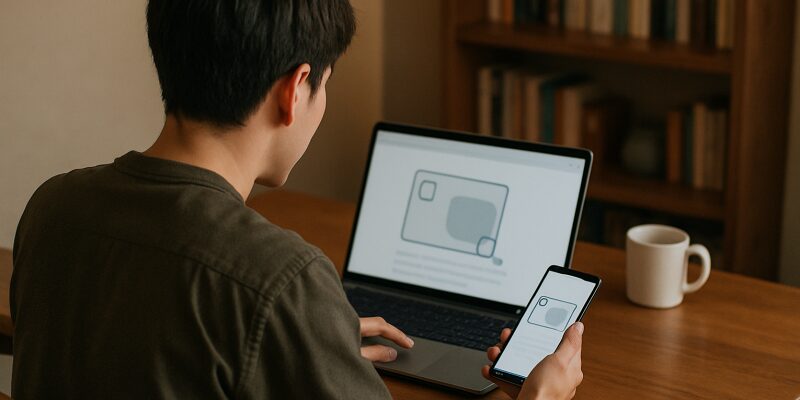 ノートPCとスマホを使ってICカードの情報を調べる人物の後ろ姿