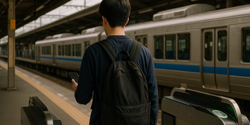 西日本の駅ホームでスマホ片手にIC改札へ向かう人物の後ろ姿