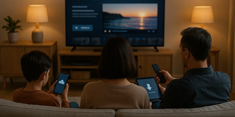Netflixのダウンロードとストリーミングの違いや、アカウント共有に関する注意点を解説するためのイメージ。