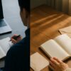 「備忘録」と「忘備録」の違いを比較するイメージ。ビジネス用途と感情表現の使い分けが視覚化されている構図。
