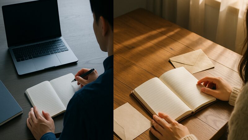 「備忘録」と「忘備録」の違いを比較するイメージ。ビジネス用途と感情表現の使い分けが視覚化されている構図。