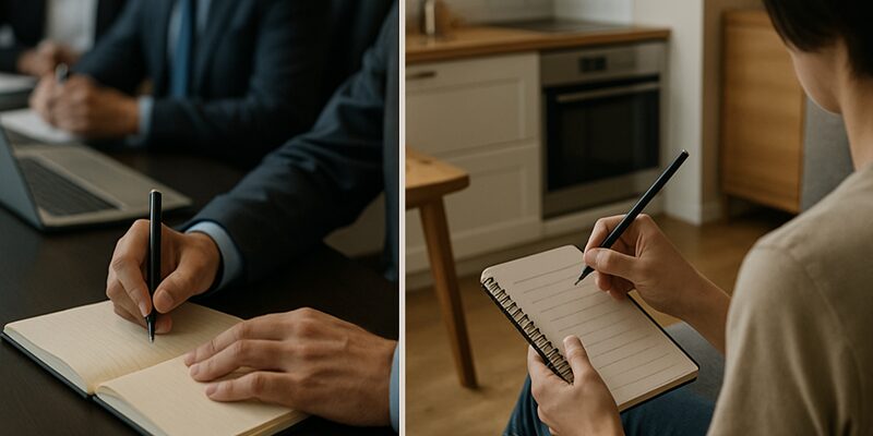 ビジネスや日常生活で備忘録を活用している様子。打ち合わせやメモ書きなどの実践風景。