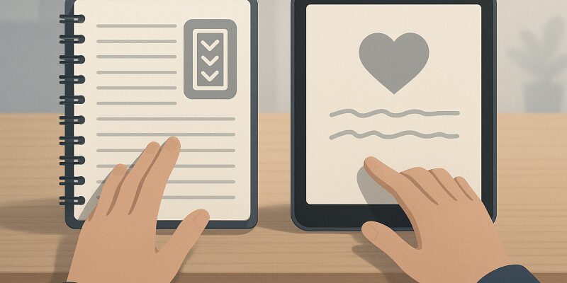 「備忘録」と「忘備録」の使い方を目的別に整理して選択する様子を示したイメージ。