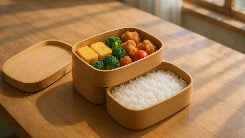 二段弁当箱にご飯を下段、おかずを上段に美しく詰めた理想的な配置のイメージ。