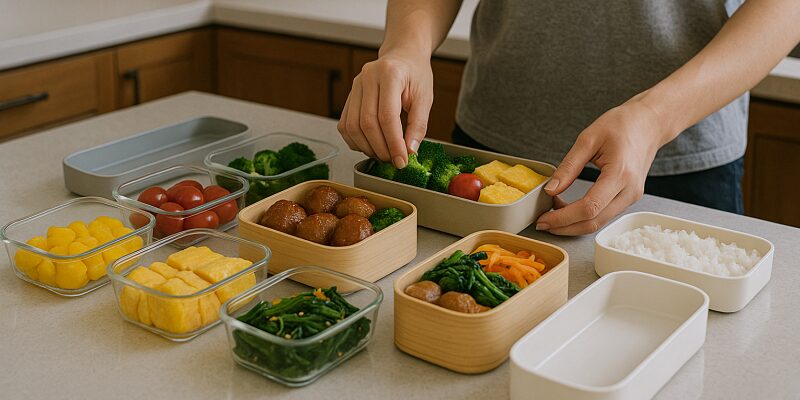 プロの料理家が教える、彩り豊かでバランスの取れた二段弁当の詰め方例。