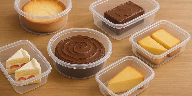 ケーキの保存に適したタッパーのサイズや形状を比較したイメージ図