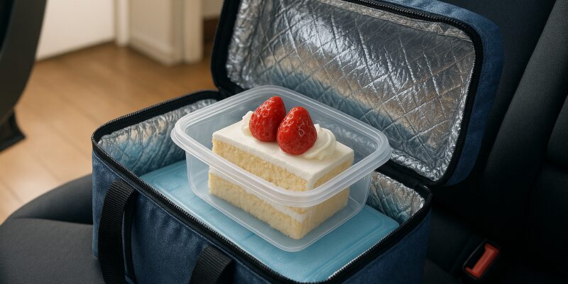 保冷バッグと保冷剤を使ってケーキの温度を管理している様子のイメージ