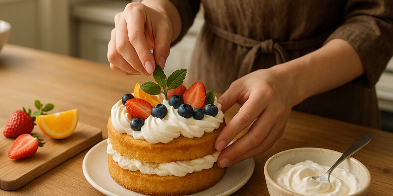 崩れたケーキを応急処置でかわいくリカバリーしている様子のイメージ