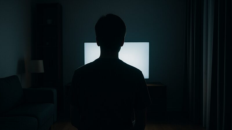 夜中に突然テレビがついて驚く人の後ろ姿と、暗い部屋に光るテレビ画面の様子