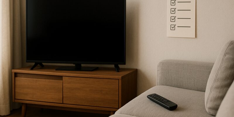 テレビやリモコンなどの家電トラブル原因と対策をイメージしたシンプルな家庭内の風景