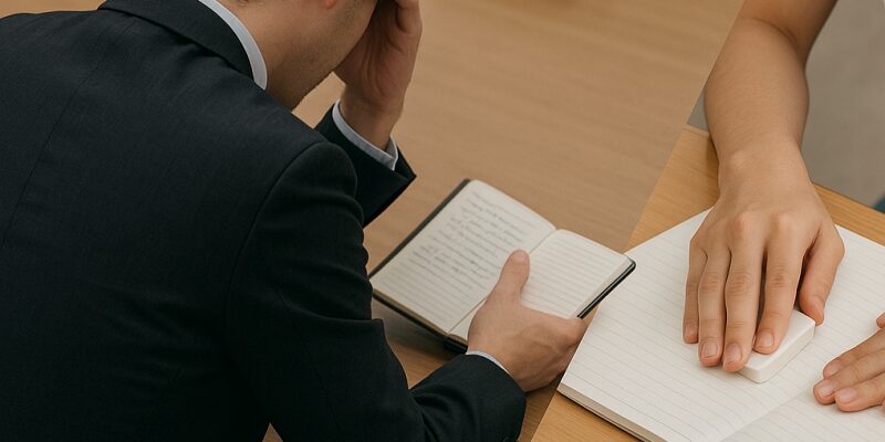 ビジネスシーンや学校の机でフリクションが消えずに困っている場面のイメージ