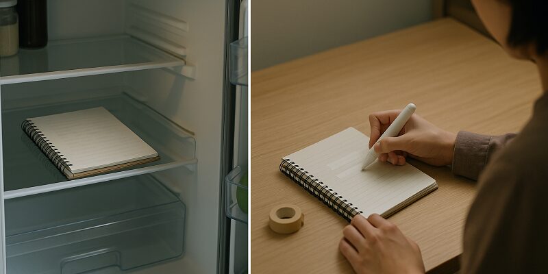 冷蔵庫に入れたノートの文字がうっすら戻る様子と、修正ペンやマステでカバーする作業イメージ