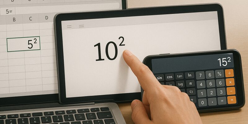 ExcelやWord、Googleドキュメント、電卓などで2乗を入力・計算しているイメージ図