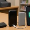 コンビニで販売されているさまざまなタイプのiPhone対応モバイルバッテリーのイメージ図