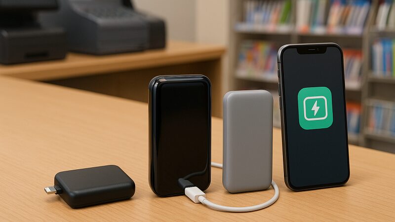コンビニで販売されているさまざまなタイプのiPhone対応モバイルバッテリーのイメージ図