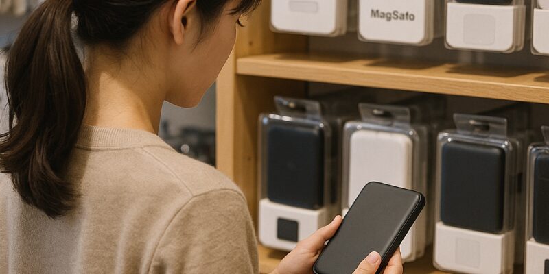 iPhoneに対応したモバイルバッテリーのスペックを確認する女性のイメージ
