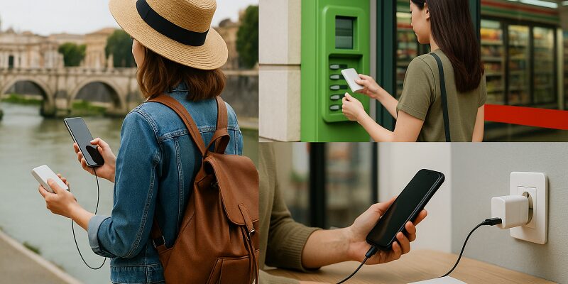 シーンごとにモバイルバッテリーの購入・レンタルを選ぶ女性たちのイメージ