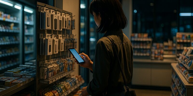 深夜のコンビニでモバイルバッテリーを探す女性のイメージ