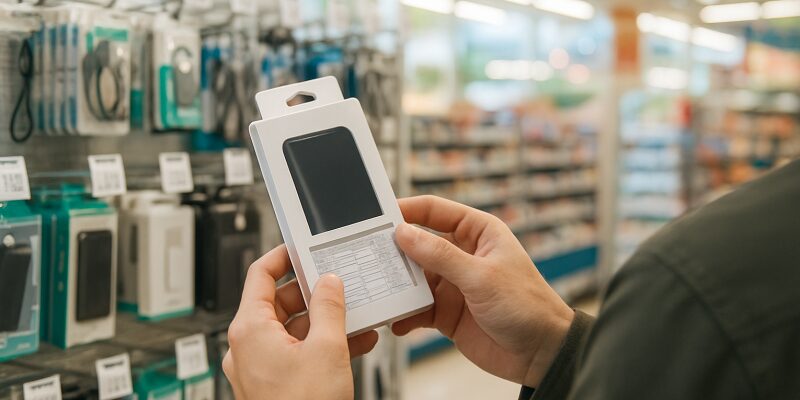 コンビニでモバイルバッテリーを選ぶ際の注意点を確認している人のイメージ