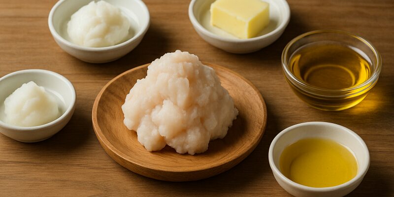 すき焼き用の代用油7種類を並べ、比較しているイメージ。各油の特徴がひと目でわかる構成。