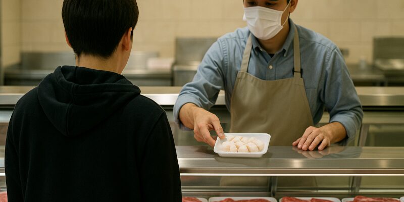 スーパーや精肉店で牛脂をもらっているシーン。カウンター越しにやり取りする後ろ姿の人物。