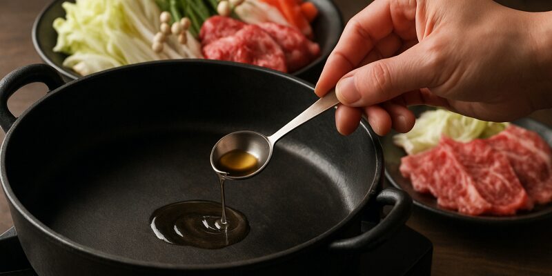 すき焼き鍋に油をひくタイミングと分量のイメージ。調理中の工程がわかるように表現。