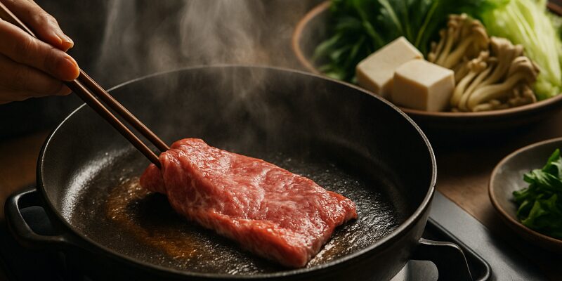 すき焼きをプロのように仕上げる裏技を実践しているキッチンの風景。肉を焼きつける工程が印象的。