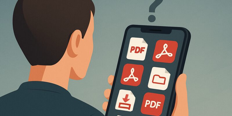  複数のPDF閲覧アプリを比較して選んでいる場面を象徴する、スマートフォンとアプリ