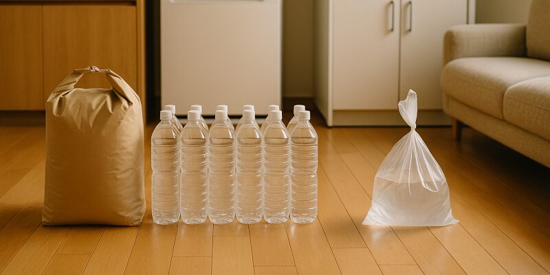 お米の袋やペットボトルを並べて、20キロの重さ