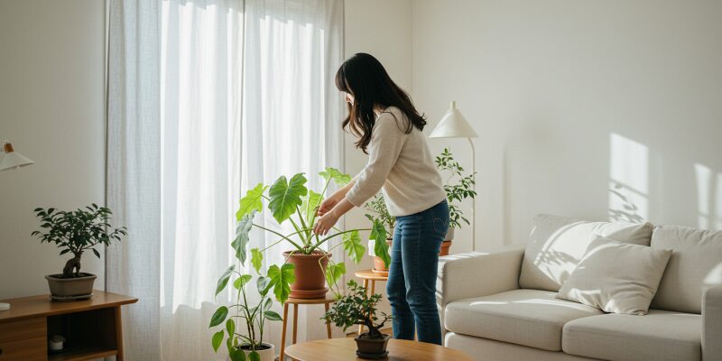 丈の短いカーテンの下に観葉植物を置いて楽しむ